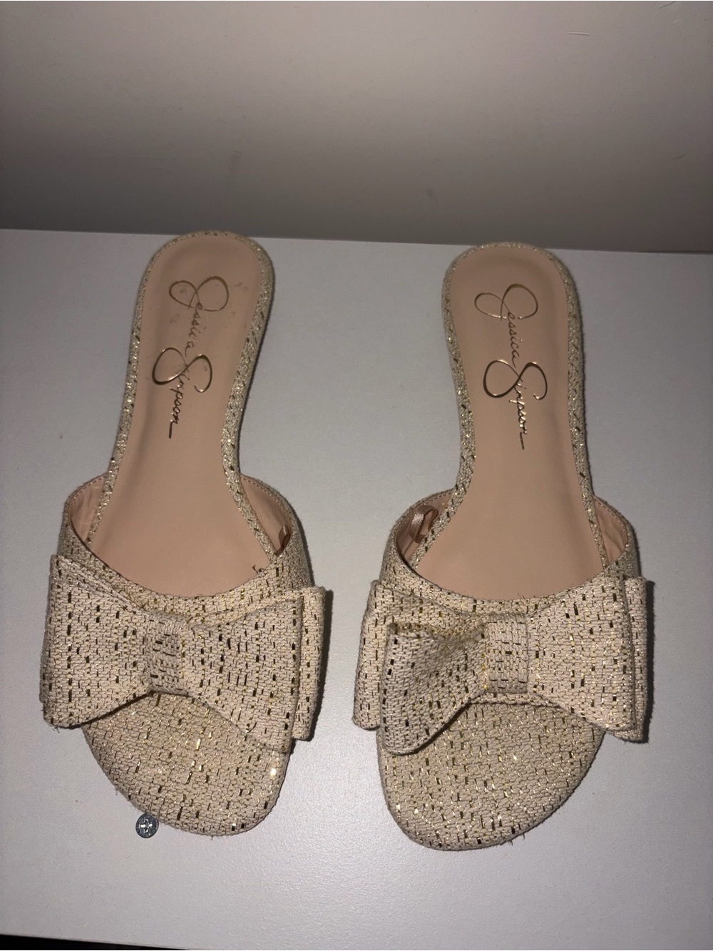 Jessica Simpson Champagne Glitter Bow Slide Mules